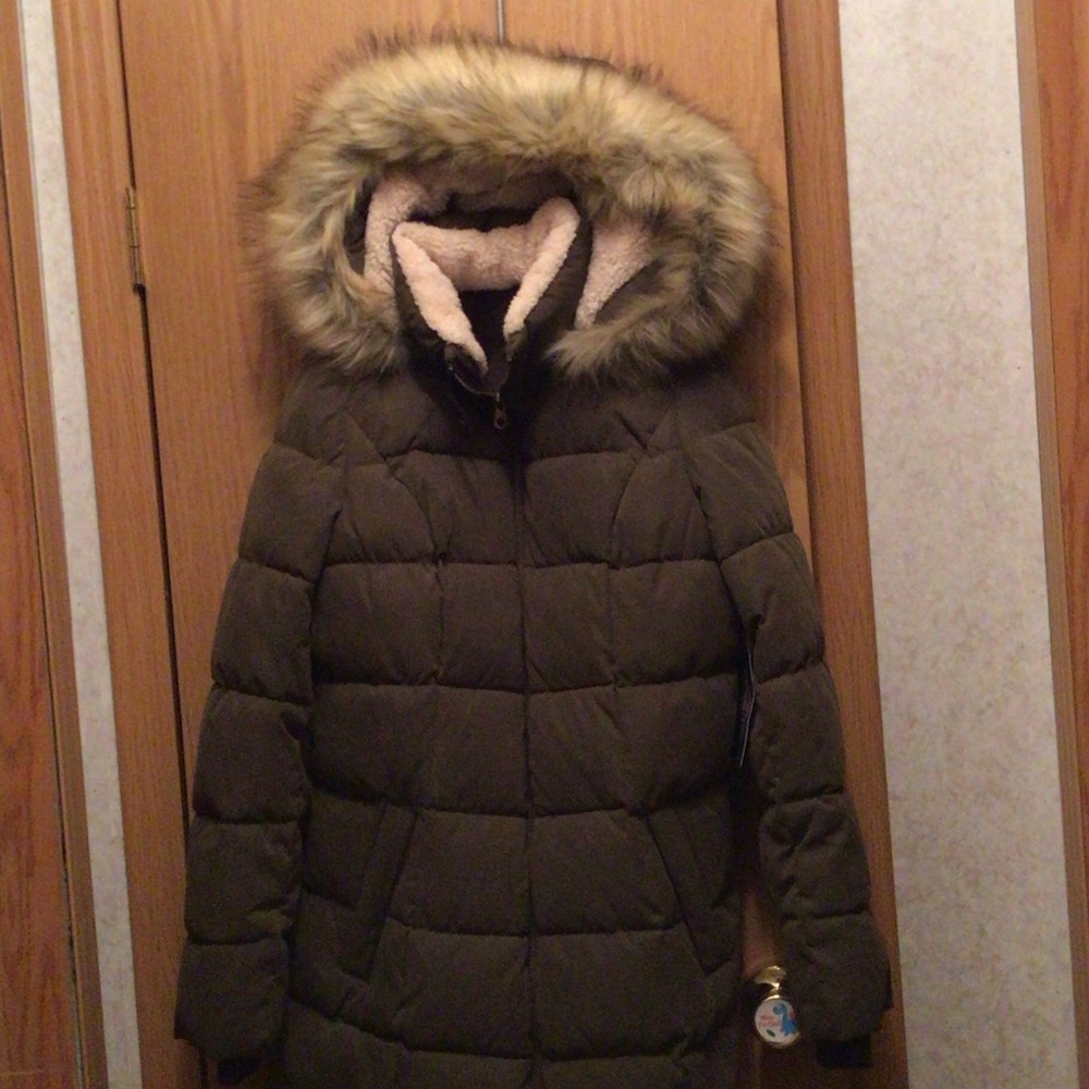 St. John's Bay Olive Puffer Coat with Faux Fur Hood